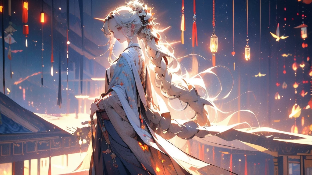 One boy，Long white hair，Pale ager，Dark clothing，（（（White Rose））），White shirt，The screen contrast is low，High brightness，Long white hair，Roses，Bloods，Light blue leaves，Soft Lighting，Mysterious atmosphere，Chinese landscape, Outside air, Flowers and trees, Waterfall,butterfly， Portraiture, Color Difference, Depth of written boundary, Dramatic Shadows, Ray Tracing, Highest quality, Cinema Lighting, Highly detailed CG, 8k wallpaper,，