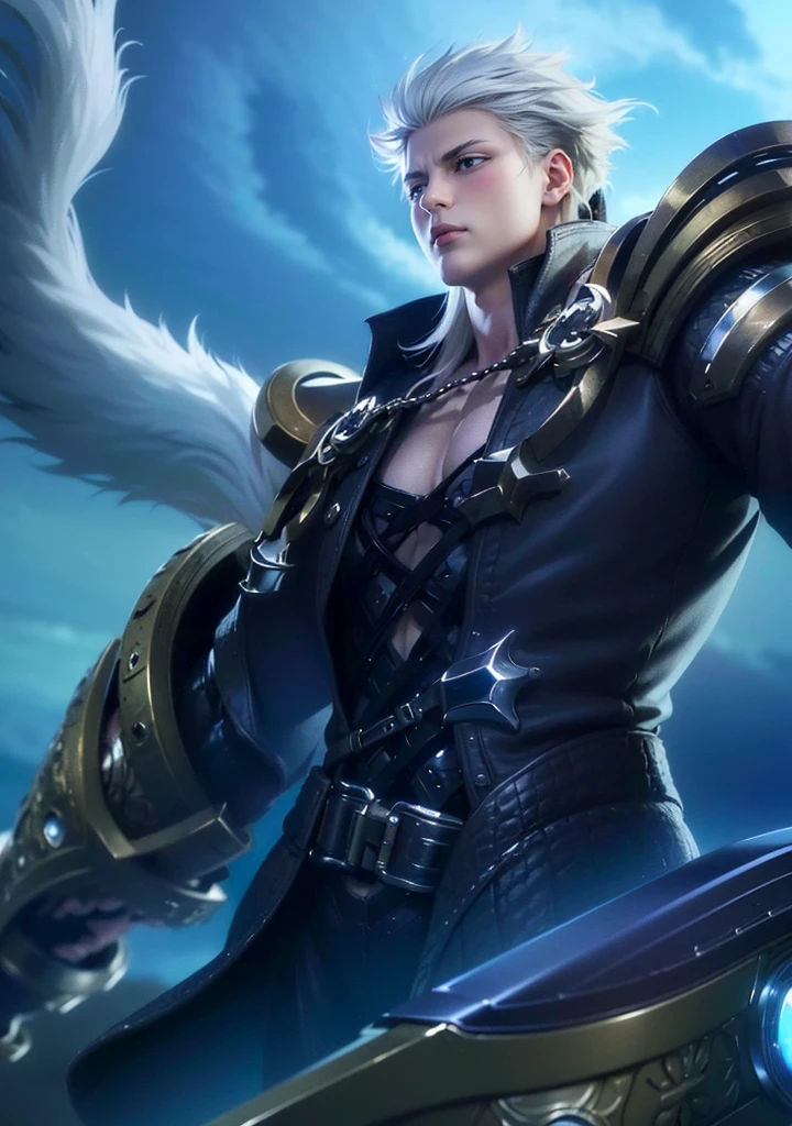 masculine male, masterpiece, ((perfect eyeest quality, (semirealism:1.9), beautiful lighting, (extremely detailed CG unity 4k fhd wallpaper), High Detail, Sharp focus, dramatic outdoors, 1 boy ,19 years old, white hair, light purpel eyes.