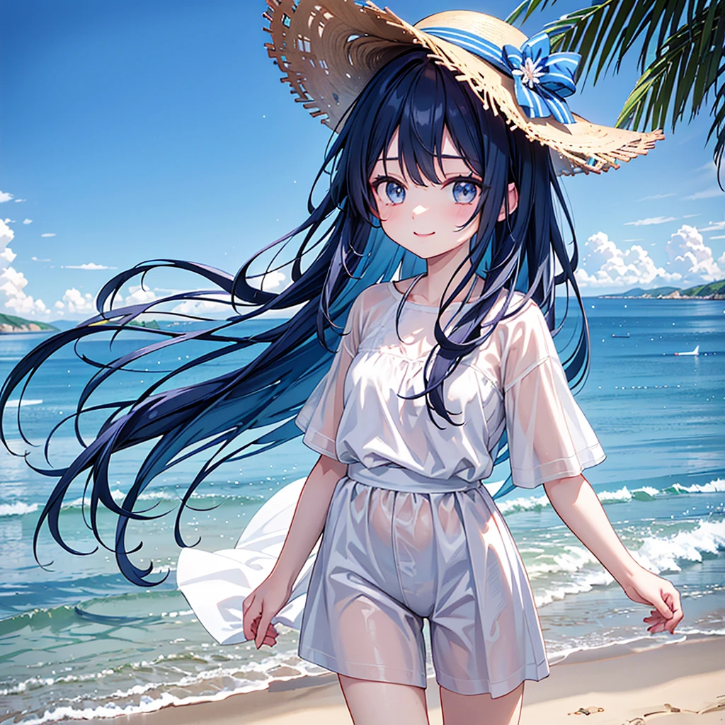 absurdity, high resolution, (official art, beautiful and aesthetic: 1.2), sparkling sky, vast world,((1 girl)), staring, awe-inspiring expression, distant horizon, clouds, natural beauty, inspiration, light effect, wide shot, from afar,beautiful woman, (masterpiece), (high resolution 8K), professional illustration, 1 girl, late teenage, walking, long shot, from behind, , short sleeve shirt, hat, long hair, blue hair, smile, looking up, on the beach, blue sky, daytime, in summer, natural lighting, detailed body, detailed skin