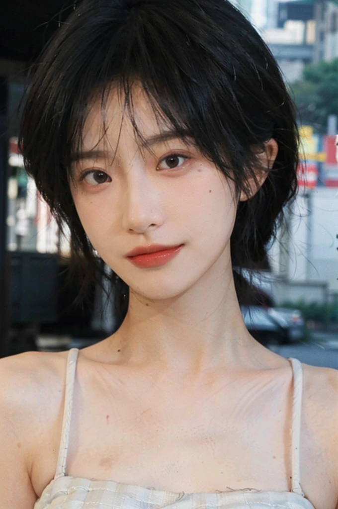 (Skin details:1.4), (smooth skin textures:1.3), Lipstick, background, Direct vision, earrings, serene, calm, (Realistic and detailed eyes:1.2), Natural skin texture, Realistic facial details, Soft dramatic lighting, Vivid details, 35 mm film, outdoor, (Photo Practical:1.4), (hyper Practical:1.4), (Practical:1.3), (Smoother lighting:1.05), (Improve lighting quality:0.9), (Highest quality real skin textures:1.4), Exquisite eyes, Delicate face, (Close-up of face, (Enhance the beauty of skin texture:1.1), Hair details, normal body ratio, short hair, Moles under the eyes, thinking, A faint smile,,户外background,Portrait Photography, Depth of Field, Bokeh, Surrealism, Ray Tracing, (Portrait Photography:1.1), Surrealism, High Detail, Chiaroscuro, Ray Tracing, reflected light, Ultra HD, Ultra HD, masterpiece, Textured Skin, Super Detail, High Detail, high quality, best quality