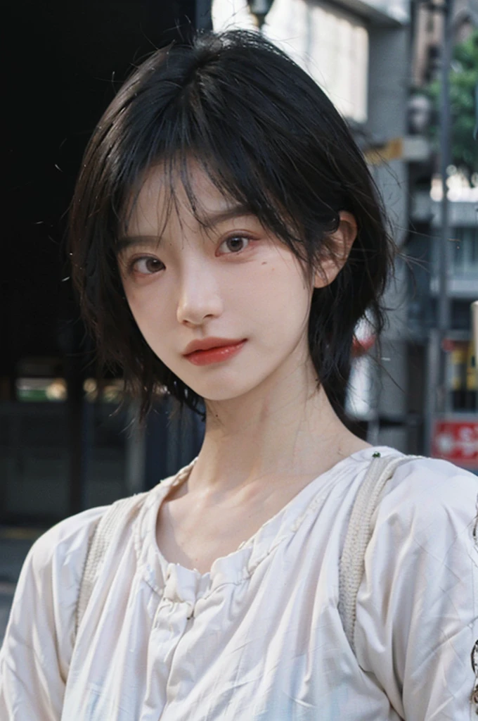 (Skin details:1.4), (smooth skin textures:1.3), Lipstick, background, Direct vision, earrings, serene, calm, (Realistic and detailed eyes:1.2), Natural skin texture, Realistic facial details, Soft dramatic lighting, Vivid details, 35 mm film, outdoor, (Photo Practical:1.4), (hyper Practical:1.4), (Practical:1.3), (Smoother lighting:1.05), (Improve lighting quality:0.9), (Highest quality real skin textures:1.4), Exquisite eyes, Delicate face, (Close-up of face, (Enhance the beauty of skin texture:1.1), Hair details, normal body ratio, short hair, Moles under the eyes, thinking, A faint smile,,户外background,Portrait Photography, Depth of Field, Bokeh, Surrealism, Ray Tracing, (Portrait Photography:1.1), Surrealism, High Detail, Chiaroscuro, Ray Tracing, reflected light, Ultra HD, Ultra HD, masterpiece, Textured Skin, Super Detail, High Detail, high quality, best quality
