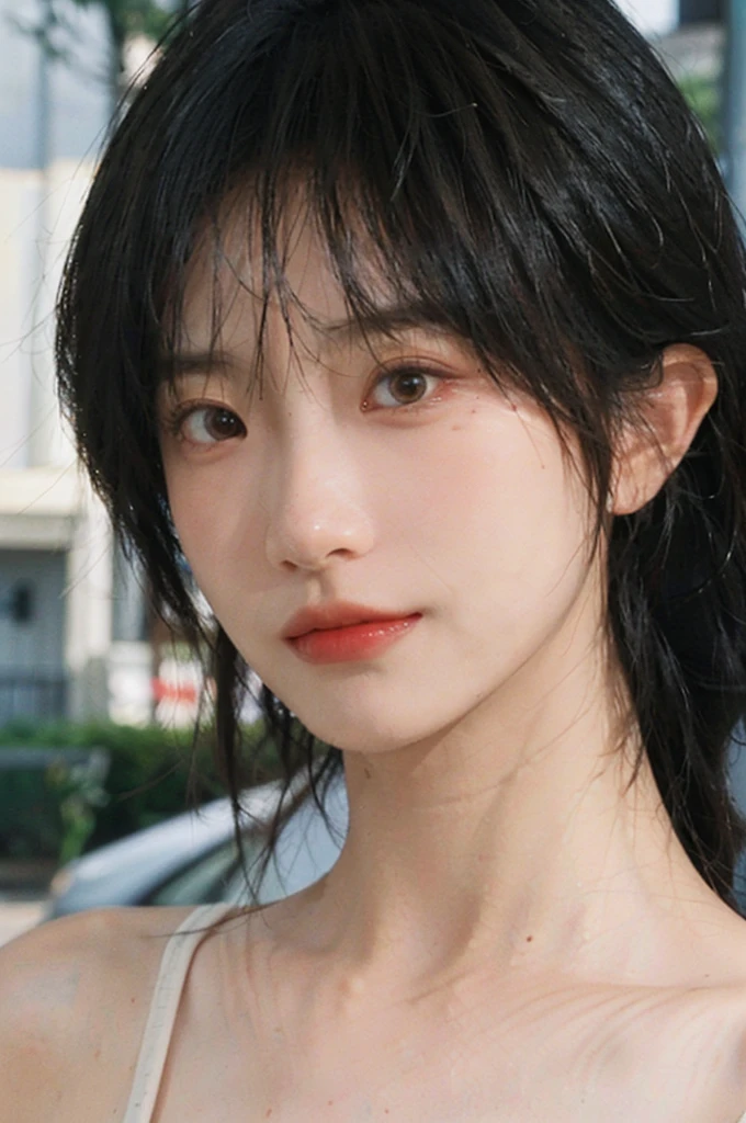 (Skin details:1.4), (smooth skin textures:1.3), Lipstick, background, Direct vision, earrings, serene, calm, (Realistic and detailed eyes:1.2), Natural skin texture, Realistic facial details, Soft dramatic lighting, Vivid details, 35 mm film, outdoor, (Photo Practical:1.4), (hyper Practical:1.4), (Practical:1.3), (Smoother lighting:1.05), (Improve lighting quality:0.9), (Highest quality real skin textures:1.4), Exquisite eyes, Delicate face, (Close-up of face, (Enhance the beauty of skin texture:1.1), Hair details, normal body ratio, short hair, Moles under the eyes, thinking, A faint smile,,户外background,Portrait Photography, Depth of Field, Bokeh, Surrealism, Ray Tracing, (Portrait Photography:1.1), Surrealism, High Detail, Chiaroscuro, Ray Tracing, reflected light, Ultra HD, Ultra HD, masterpiece, Textured Skin, Super Detail, High Detail, high quality, best quality