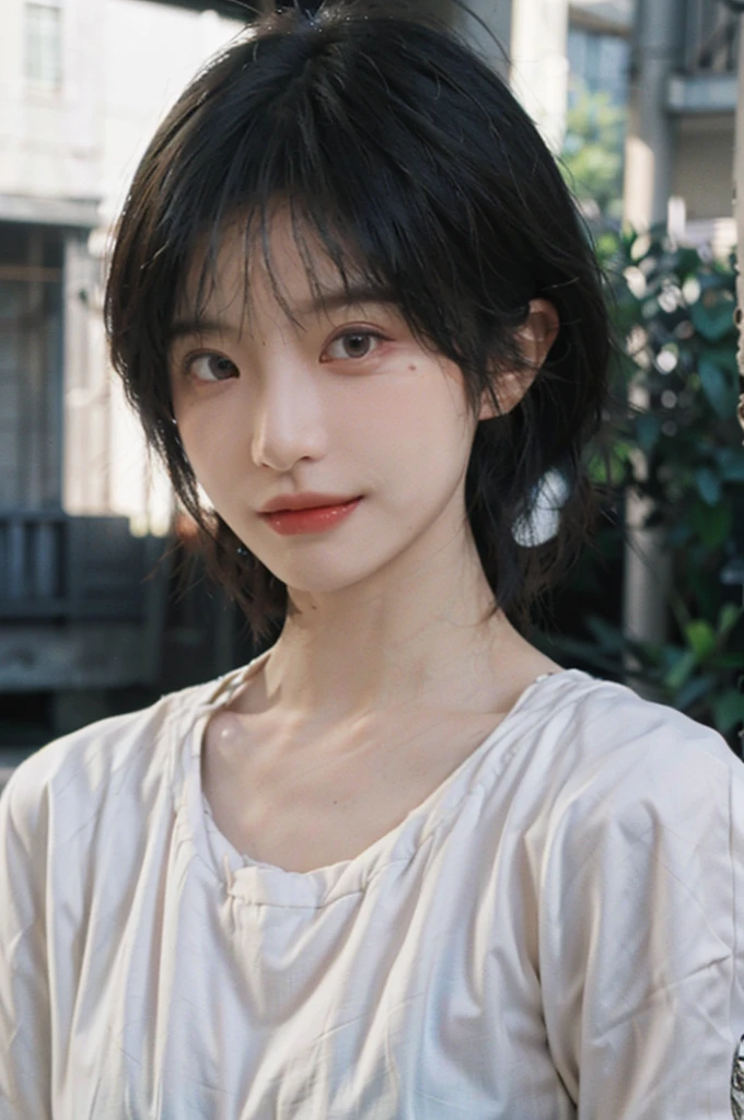 (Skin details:1.4), (smooth skin textures:1.3), Lipstick, background, Direct vision, earrings, serene, calm, (Realistic and detailed eyes：1.2）, Natural skin texture, Realistic facial details, Soft dramatic lighting, Vivid details, 35 mm film, outdoor, (Photo Practical:1.4), (hyper Practical:1.4), (Practical:1.3), (Smoother lighting:1.05), (Improve lighting quality:0.9), (Highest quality real skin textures:1.4), Exquisite eyes, Delicate face, (Close-up of face, (Enhance the beauty of skin texture:1.1), Hair details,  normal body ratio, short hair, Moles under the eyes, thinking, A faint smile,,户外background，Portrait Photography, Depth of Field, Bokeh, Surrealism, Ray Tracing, (Portrait Photography:1.1), Surrealism, High Detail, Chiaroscuro, Ray Tracing, reflected light, Ultra HD, Ultra HD, masterpiece, Textured Skin, Super Detail, High Detail, high quality, best quality