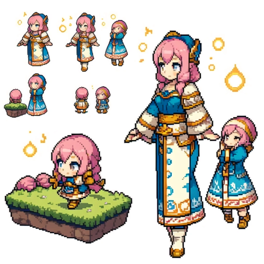 the very same person character chips , masterpiece , 6 poses (put out one's left foot , put out one's right foot , 2 front-facing poses , 2 back poses),best quality , pixel , pixel art , xiangsu , xiang su , sequence frames , walking , 1 girl , fantasy clothes , full body , white background , heroine , sexy , chibi , Highly Exposed , pink clothes , pink hair , walking frame