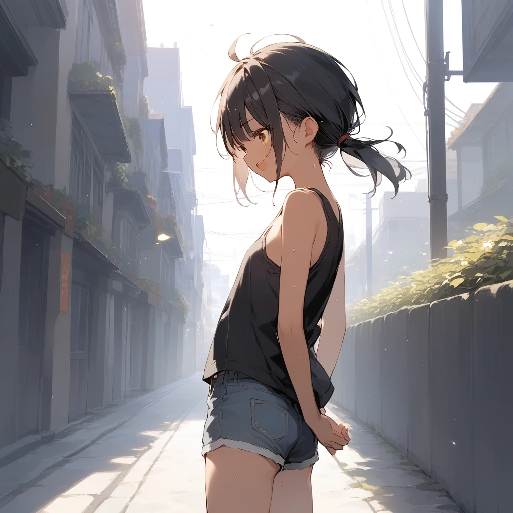 score_9, score_8_up, score_7_up, source_anime, best quality, masterpiece, official art, absurdres, highres, ultra-detailed,waifu2x,Collection: Slice of Life,break,1girl, tomboy, dark-skinned female, short hair, low ponytail, flat chest, beautiful detailed eyes, short shorts, sweat, open mouth, (yawn:0.3), sleepily, outdoors, wind, break,(clear line illustration:1.2),very high resolution, very aesthetic, super detailed skin, Best sexual lighting powered by famous artist, 8k,cute picture,beauty illustration,photoshop_(medium),,(Detailed Lighting),best anime 8k konachan wallpaper, pixiv contest winner,