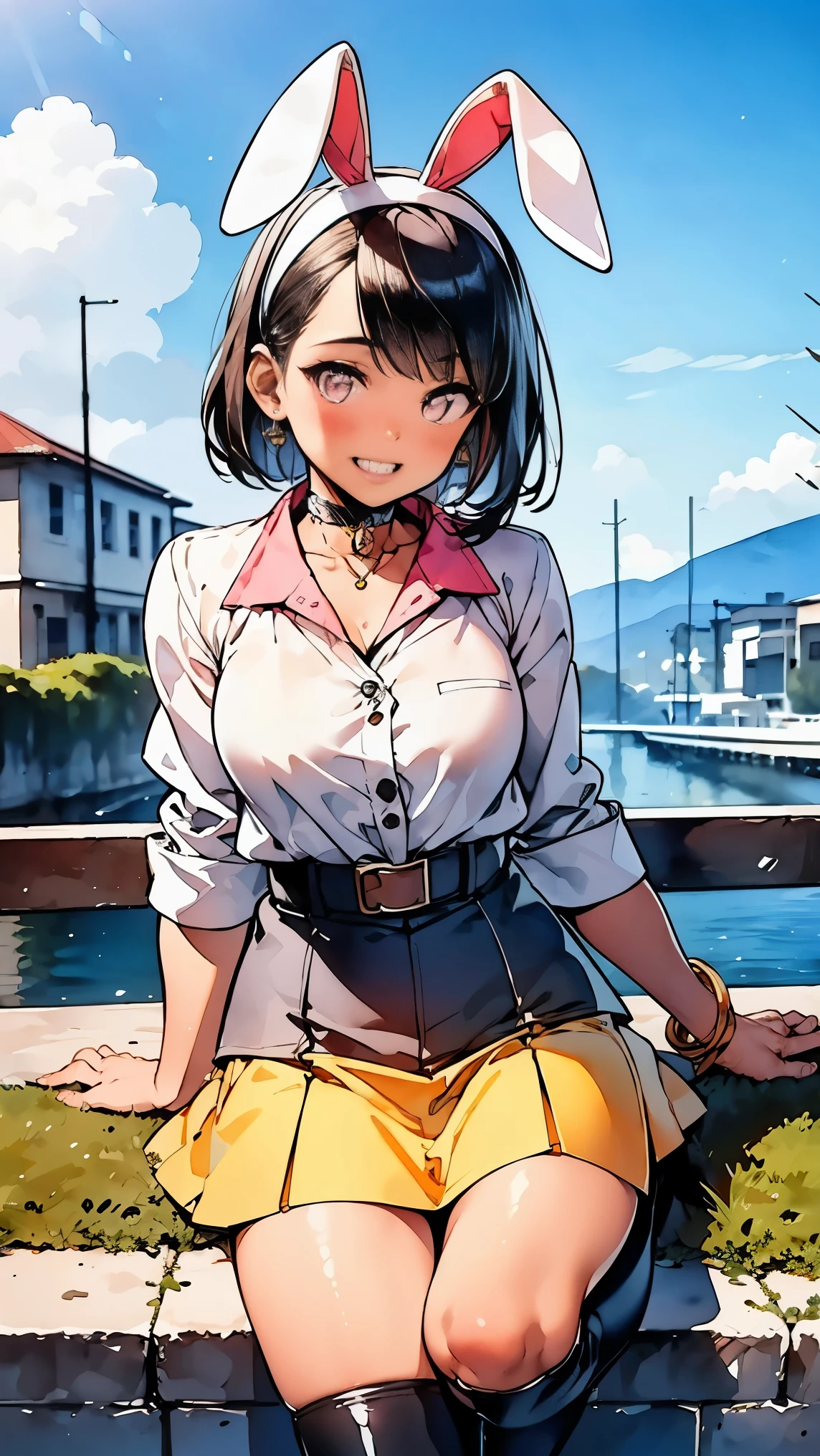 (8k, RAW photo, best quality, masterpiece, highres, absurdres, ultra detailed:1.3), (Photography, realistic, photo-realistic:1.4), (beautiful natural lighting, beautiful deatailed shadow, beautiful detailed glow :1.4), atmospheric,
BREAK 1 beautiful horny girl,alone,(cute:1.5),(Chibi:0.8),(kawaii1.5),(:1.5),(horny girl, cute, full of energy, change face,slightly swollen chest),(black hair, messy short bob, story me, pink eyes:1.55 ),(full of energy, goofy smile, bad face:1.2),(white bunny ears headband:1.2),(smile,shine tooth:1.45), (dark skin, tanned skin,:1.45),
BREAK //Character 1girl, BREAK //Fashions BREAK (black and yellow theme:1.4), ((japanese idol costume with bee motif, punk and fancy style):1.2), (roll-up sleeves Latex black closed jacket with yellow bellied lapel:1.4), (zip-up:1.5), (costume divided into tops and bottoms:1.3), (collarbone:1.3), (crazy amount of buttons and needles:1.2), (yellow (eyelet belt, grommet belt):1.3), (yellow (See-through tulle skirt, tulle Layered mini skirt) with ruffles:1.3), (fancy over-knee-socks with black and yellow striped pattern:1.4), (black high platform boots with lace-up:1.2), (choker with silver needles:1.3), (bangle with silver needles:1.3), (Cute logo with a bee motif on jacket:1.2),
BREAK ,(Mediaeval Europe, ancient Greece, ancient Rome, ancient Aztecs, towns, cafes, nature, moss, wariza,flowers, two stories, ultra detail:1.4),((spectacular view:1.2))
BREAK wakame,wakame,wakame,(cowboy shot, from front:1.4),
BREAK manga illustration,manga style,