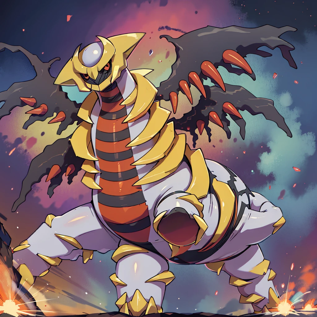 ((masterpiece,best quality)), absurdres, Giratina, no humans, creature, creatures (company), dark, energy, english commentary, game freak, gen 4 pokemon, giratina, giratina (origin), highres, legendary pokemon, looking at viewer, nintendo, no humans, pokemon, pokemon (creature), pokemon move, red eyes, shadow force (pokemon), tapwing
