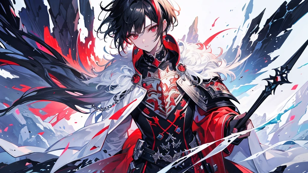 Anime boy with red light in hand, shadow young wizard, Epic anime style, anime key artโดยละเอียด, Shadowverse style, Fantasy style anime, Demon Man, anime key art, conjunctivitis, black hair, head'Strong man in uniform fights with demons.