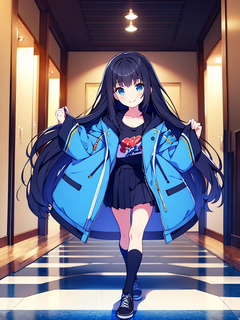 Masterpiece, hd, 2d, Alice, black hair, blue eyes, long hair, wear gaming Jacket Short skirt black and blue , standing, indoor, smile, happy
