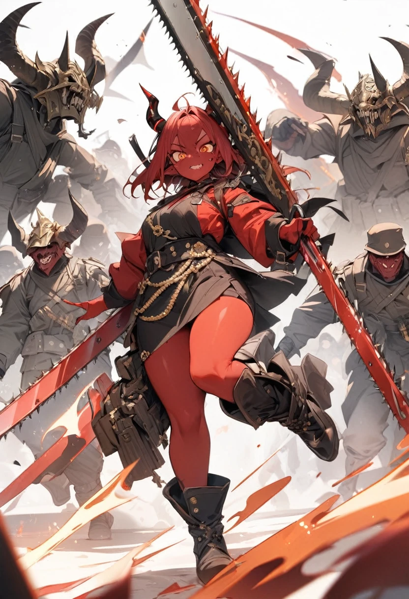 ({masterpiece}},{best quality,}，white background,full body,fantastic,1 Demon，Soldier，Red skin，Horns，Chainsaw sword，Brass decoration，({masterpiece}},{best quality}