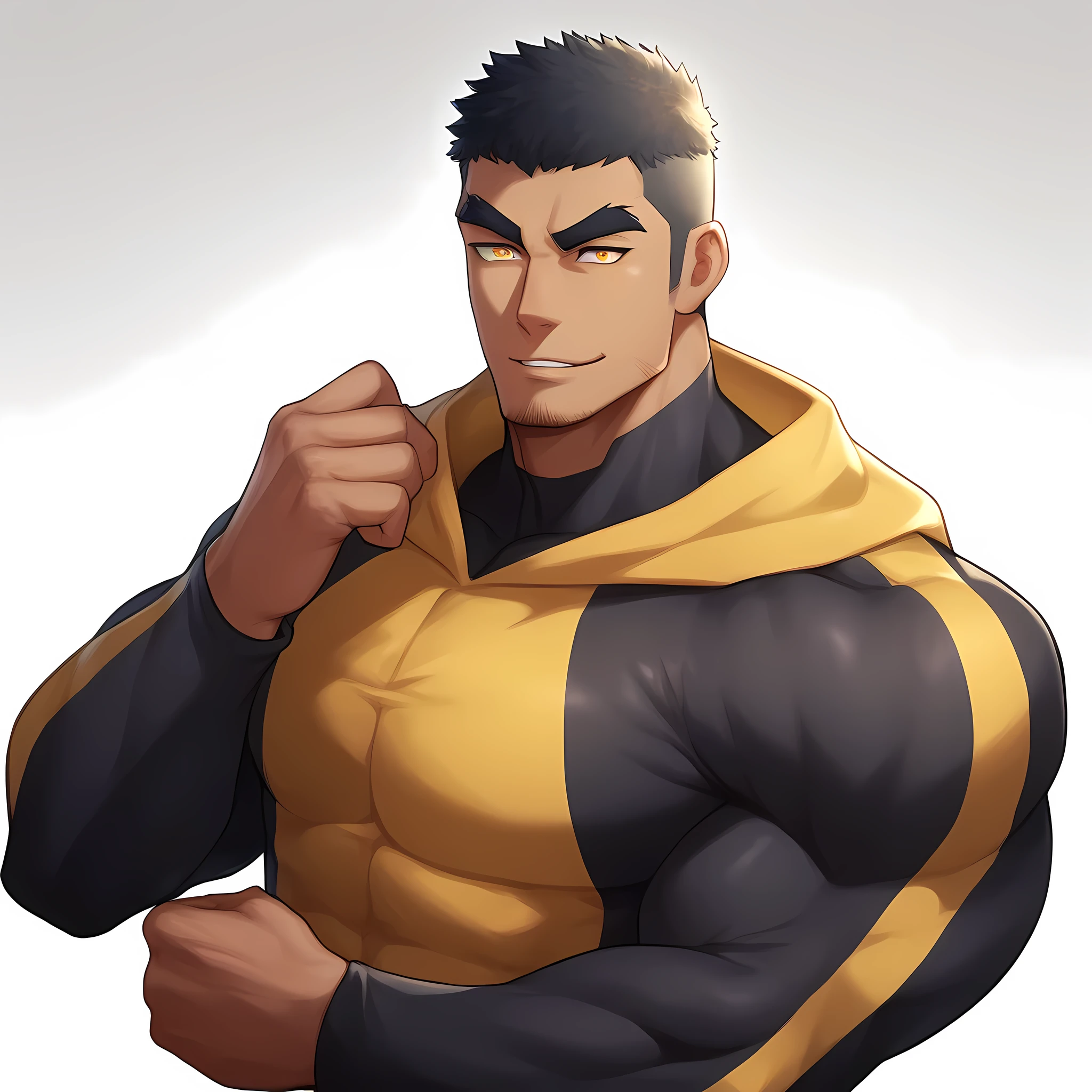 anime characters:Gyee, Muscle Sports Student, negro black skin, 1 muscular tough guy, Manliness, male focus, Light Yellow long sleeve tights, Very tight, The pectoral muscles are oversized, Slightly transparent, muscular male, muscular, only, Upper body, alone, Black short hair, Thick eyebrows, stubble, Yellow eyes, White background, simple background, amazing quality, best aesthetics, Ridiculous, bright pupils, crew cut, parted lips, seductive smile, torogao, naughty face, dbest quality