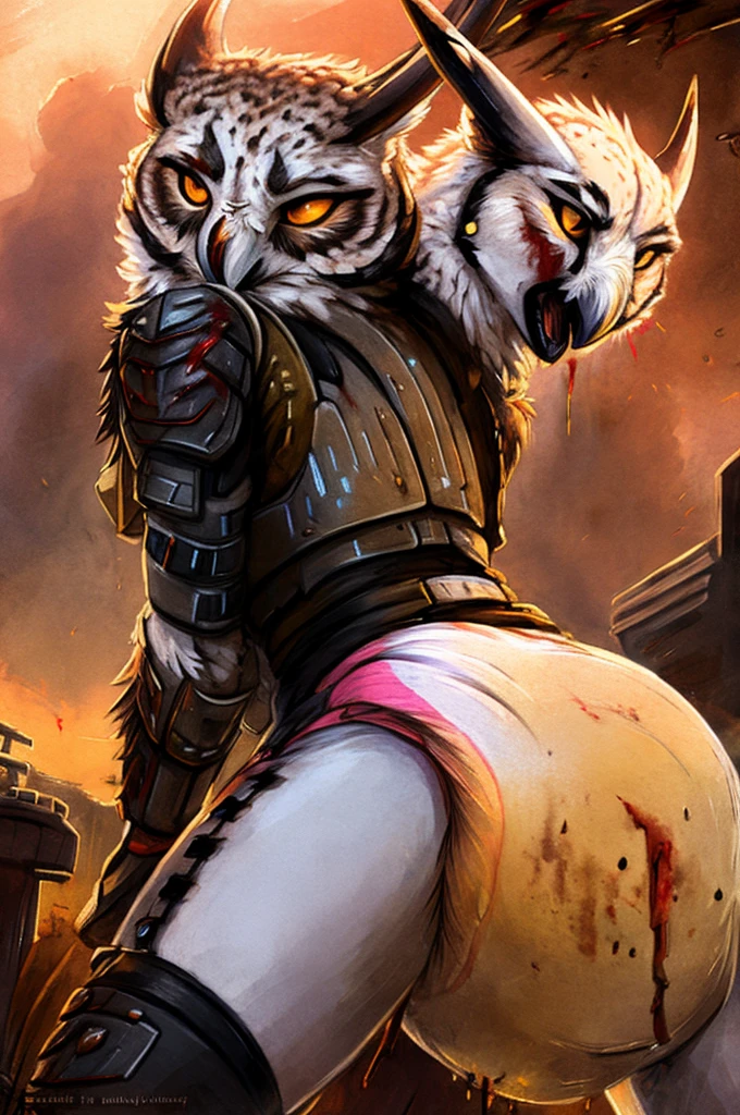 Kenket, Ross Tran, Ruan Jia, an Anthropomorphic great horned owl, two heads, (female:1.3), messy diaper with blood on it, cyberpunk, white body armor, sword dripping with blood, strained expression, (blood:1.3),