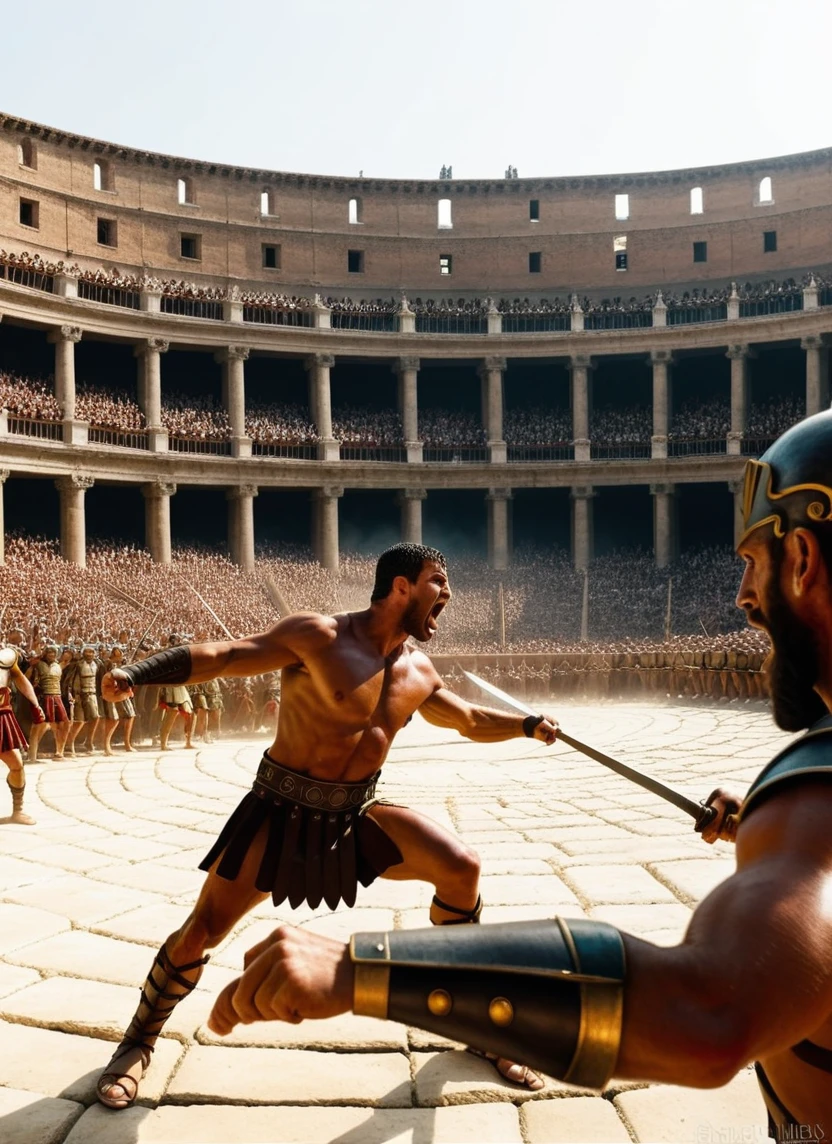 Spartacus fighting in a grand Roman arena, surrounded by roaring crowds, in the heat of battle, with ancient Roman architecture in the background, detailed and dramatic