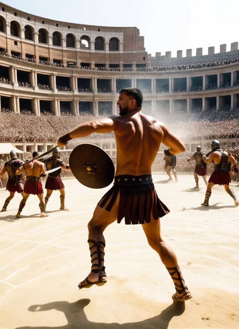 Spartacus fighting in a grand Roman arena, surrounded by roaring crowds, in the heat of battle, with ancient Roman architecture in the background, detailed and dramatic