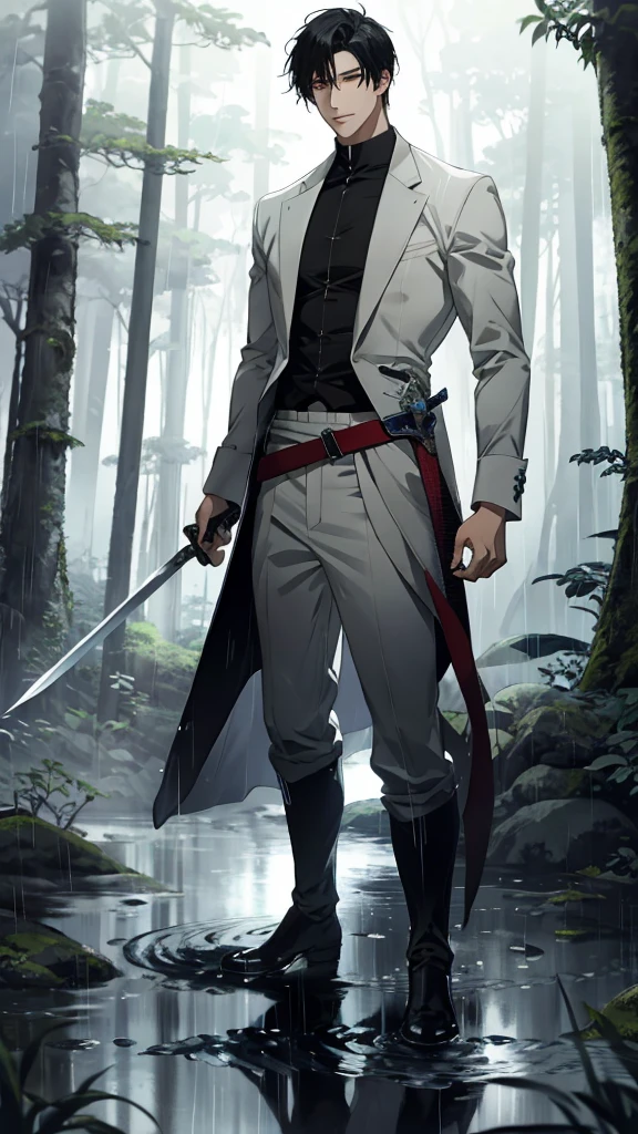 Anime-style male character standing in forest, Sword kept at right waist with sword belt, (black hair:1.2), (gentle expression:1.1), red eyes, white outfit, (Standing in the middle of the forest with rainwater on the ground:1.3), sunlight reflecting on water, rain forest, subtle water splashes, high-resolution digital art, soft color palette, tranquil atmosphere, (serene ocean background:1.1), realistic water texture