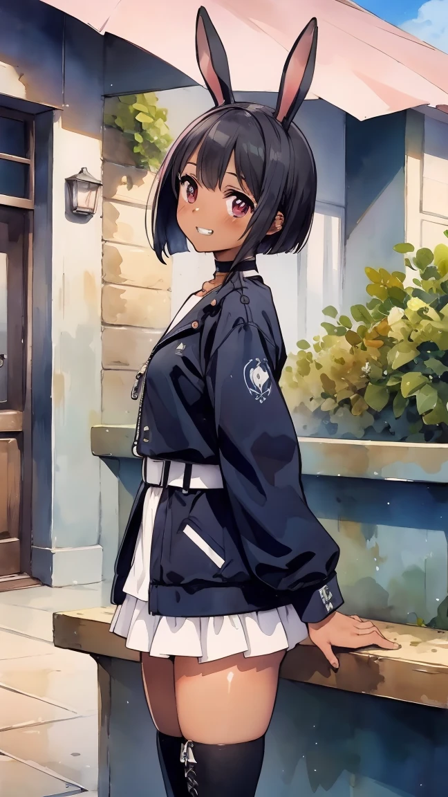 (8k, RAW photo, best quality, masterpiece, highres, absurdres, ultra detailed:1.3), (Photography, realistic, photo-realistic:1.4), (beautiful natural lighting, beautiful deatailed shadow, beautiful detailed glow :1.4), atmospheric,
BREAK 1 beautiful horny girl,alone,(cute:1.5),(Chibi:0.8),(kawaii1.5),(:1.5),(horny girl, cute, full of energy, change face,slightly swollen chest),(black hair, messy short bob, story me, pink eyes:1.55 ),(full of energy, goofy smile, bad face:1.2),(white bunny ears headband:1.2),(smile,shine tooth:1.45), (dark skin, tanned skin,:1.45),
BREAK //Character 1girl, BREAK //Fashions BREAK (black and yellow theme:1.4), ((japanese idol costume with bee motif, punk and fancy style):1.2), (roll-up sleeves Latex black closed jacket with yellow bellied lapel:1.4), (zip-up:1.5), (costume divided into tops and bottoms:1.3), (collarbone:1.3), (crazy amount of buttons and needles:1.2), (yellow (eyelet belt, grommet belt):1.3), (yellow (See-through tulle skirt, tulle Layered mini skirt) with ruffles:1.3), (fancy over-knee-socks with black and yellow striped pattern:1.4), (black high platform boots with lace-up:1.2), (choker with silver needles:1.3), (bangle with silver needles:1.3), (Cute logo with a bee motif on jacket:1.2),
BREAK ,(Mediaeval Europe, ancient Greece, ancient Rome, ancient Aztecs, towns, cafes, nature, moss, wariza,flowers, two stories, ultra detail:1.4),((spectacular view:1.2))
BREAK wakame,wakame,wakame,(cowboy shot, from front:1.4),
BREAK manga illustration,manga style,