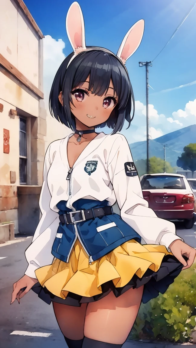 (8k, RAW photo, best quality, masterpiece, highres, absurdres, ultra detailed:1.3), (Photography, realistic, photo-realistic:1.4), (beautiful natural lighting, beautiful deatailed shadow, beautiful detailed glow :1.4), atmospheric, 

BREAK 1 beautiful horny girl,alone,(cute:1.5),(Chibi:0.8),(kawaii1.5),(Loli:1.5),(horny girl, cute, full of energy, change face,slightly swollen chest),(black hair, messy short bob, story me, pink eyes:1.55 ),(full of energy, goofy smile, bad face:1.2),(white bunny ears headband:1.2),(smile,shine tooth:1.45), (dark skin, tanned skin,:1.45),

BREAK //Character 1girl, BREAK //Fashions BREAK (black and yellow theme:1.4), ((japanese idol costume with bee motif, punk and fancy style):1.2), (roll-up sleeves Latex black closed jacket with yellow bellied lapel:1.4), (zip-up:1.5), (costume divided into tops and bottoms:1.3), (collarbone:1.3), (crazy amount of buttons and needles:1.2), (yellow (eyelet belt, grommet belt):1.3), (yellow (See-through tulle skirt, tulle Layered mini skirt) with ruffles:1.3), (fancy over-knee-socks with black and yellow striped pattern:1.4), (black high platform boots with lace-up:1.2), (choker with silver needles:1.3), (bangle with silver needles:1.3), (Cute logo with a bee motif on jacket:1.2), 

BREAK ,(Mediaeval Europe, ancient Greece, ancient Rome, ancient Aztecs, towns, cafes, nature, moss, wariza,flowers, two stories, ultra detail:1.4),((spectacular view:1.2)) 

BREAK wakame,wakame,wakame,(cowboy shot, from front:1.4), 

BREAK manga illustration,manga style,
