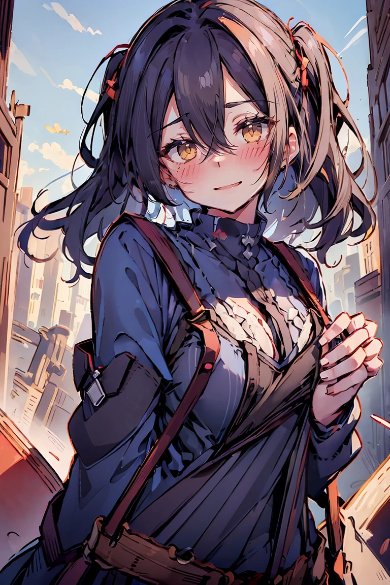 (masterpiece:1.2), (high quality:1.2), (hui xiyi:0.75), rekkyo sensen, rekkyou sensen, girls with((black hair, (tits cleavage:1.15), (waving is hands:1.2), (breasts close up:1.15), (suspenders:1.55), (dress:1.45), (blue clothes:1.55), (belts:0.7), (frills shirt:1.2), (white knit sweater:1.2), camisole, exposed breasts, straps, (cross:1.05), upper body, (long wavy hair:1.35), (one side up:1.55), nun, long sleeves, (both hands:1.15), (perfect hands:1.55), (five fingers:1.55))), background with((fantasy world, ruin, castle, beautiful sky, shining sky, sunshine))