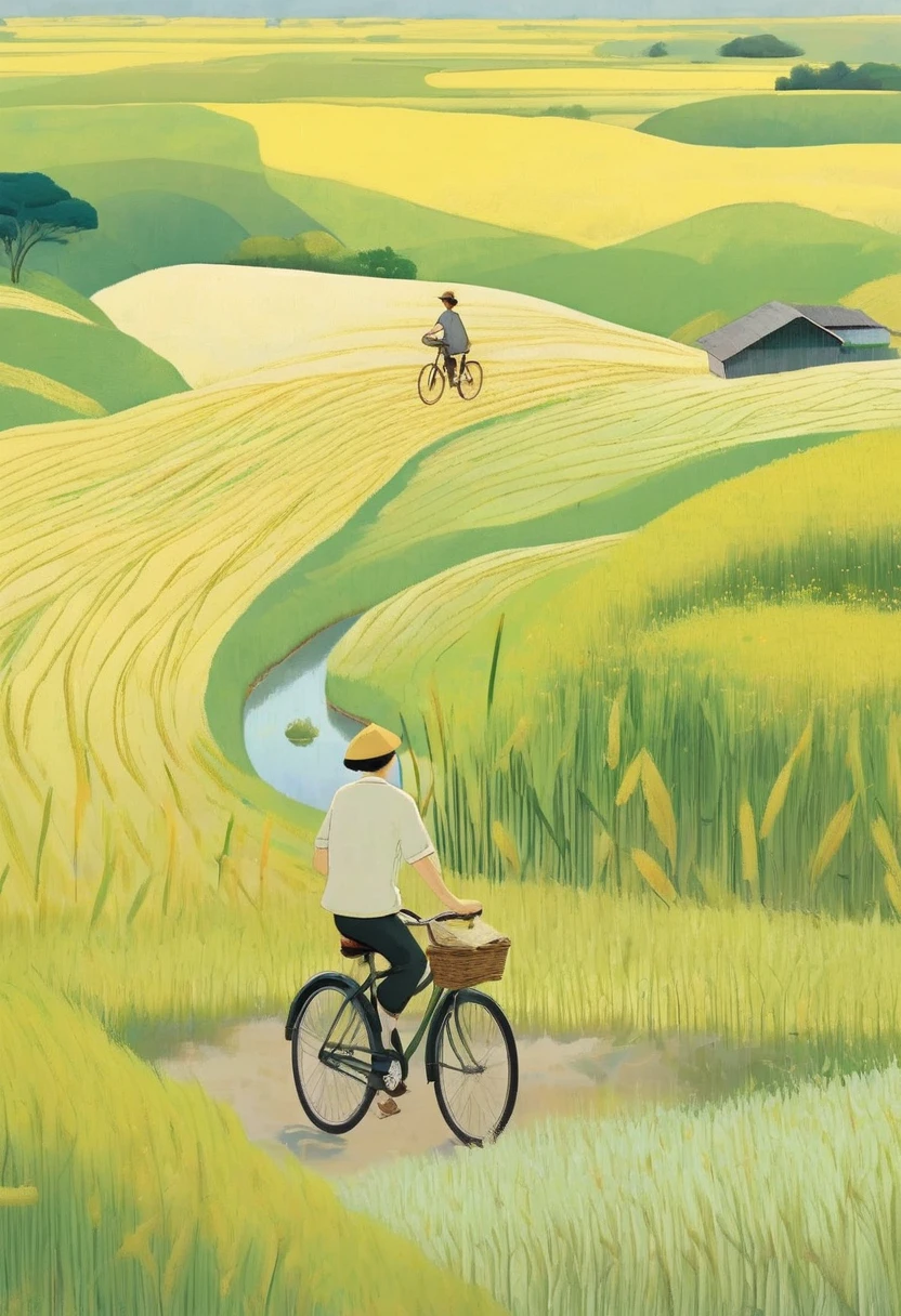 A beautiful illustration, Endless rice fields, half yellow half green, a boy riding a bicycle, Will Barnett (Will Barnet) modeling, Attached are 50D movie stills, Idyllic, Rural, panoramic,