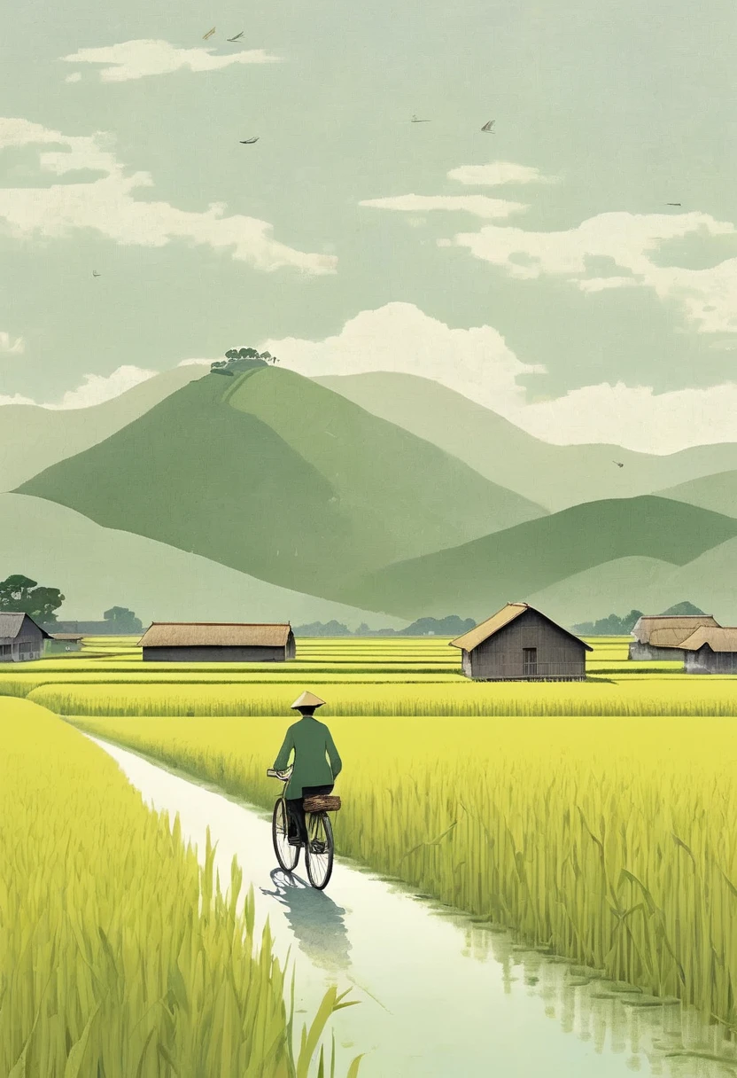 A beautiful illustration, Endless rice fields, half yellow half green, a boy riding a bicycle, Will Barnett (Will Barnet) modeling, Attached are 50D movie stills, Idyllic, Rural, panoramic,