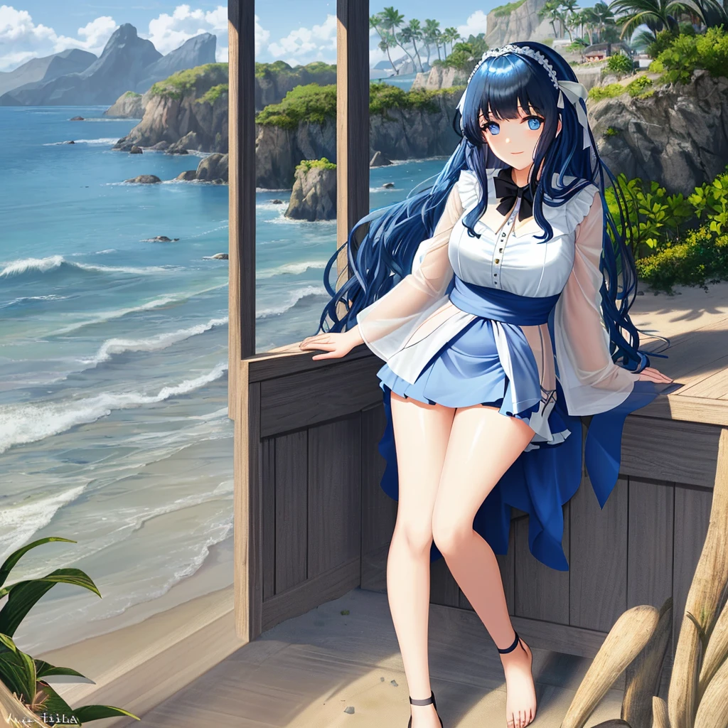 Masterpiece, Ultra-high definition, Nudity, Liselotte Cletia, A soft and gentle smile plays on her lips, Long wavy hair cascades down to her waist, delicate bangs frame her face, a hair ribbon ties back a section of her hair, blue eyes sparkling with a playful glint, her blue hair contrasts with the bright sunshine, adorned with a dainty black bikini, standing confidently on a sunlit beach, with a hair ribbon tied around her head, the salty sea breeze playing with her hair, a gentle wave laps at her feet, an aura of serenity and beauty enveloping her.