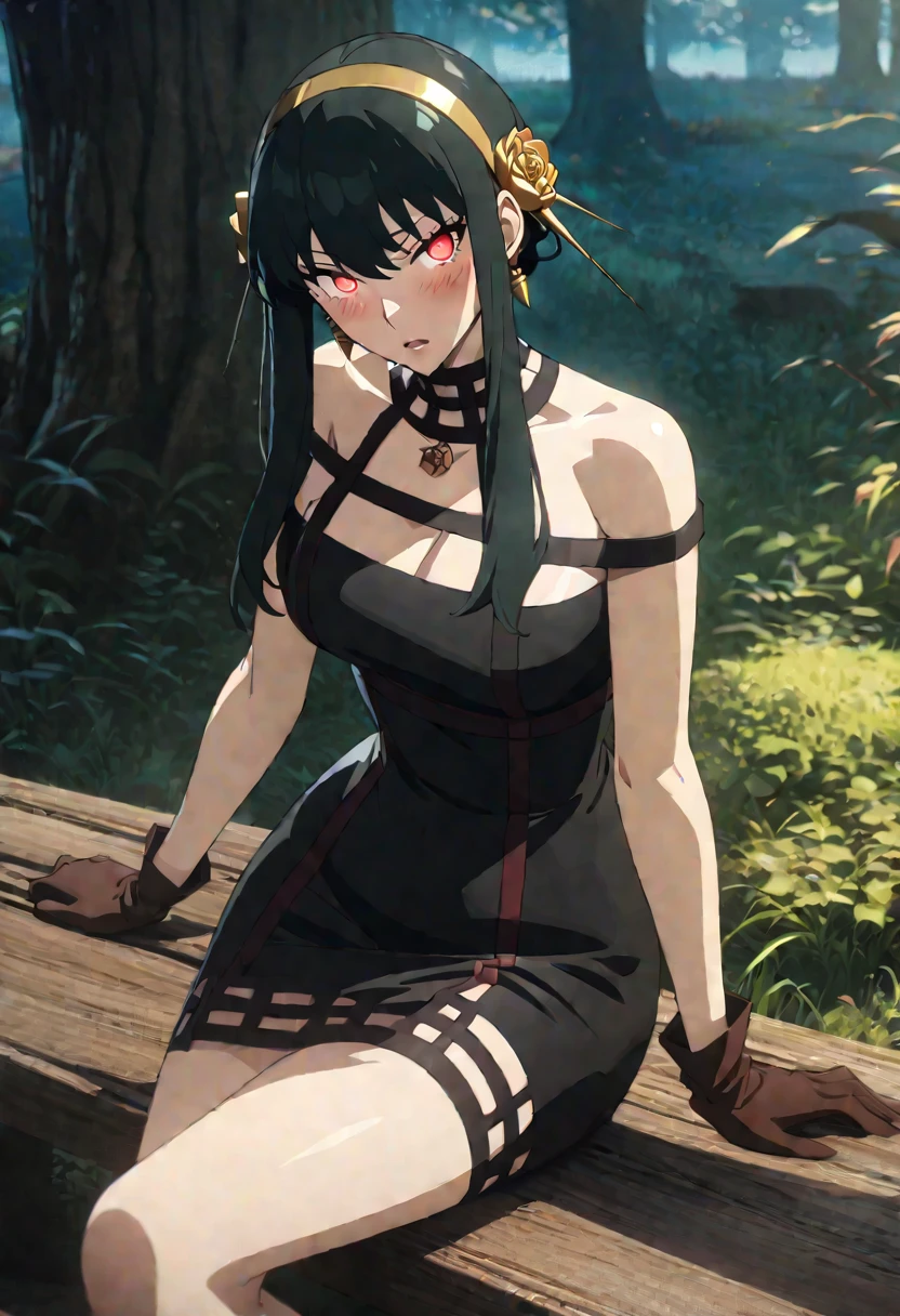 yorbriar，yor briar，gorgeous lips,movie,(masterpiece),(best quality),(ultra-detailed),very beautiful,illustration,perfect composition,intricate details,ridiculous,detailed face,(anime,masterpiece,complex:1.3),( Best Quality, Hire Texture, High Detail: 1.2), (4k), (Incredible Detail: 1.4) Dark-haired girl sitting on a bench under a tree, 1girl, skirt, solo, outdoor, sitting , long hair, looking at the viewer, breasts, blush, tree, open lips, blond hair clip, red eyes, serious expression, black bodycon dress with straps, gloves, anime style, high contrast, detailed lines , soft lighting, sexy figure, intricate dress and hairpin details, glowing eyes, voluptuous, sexy