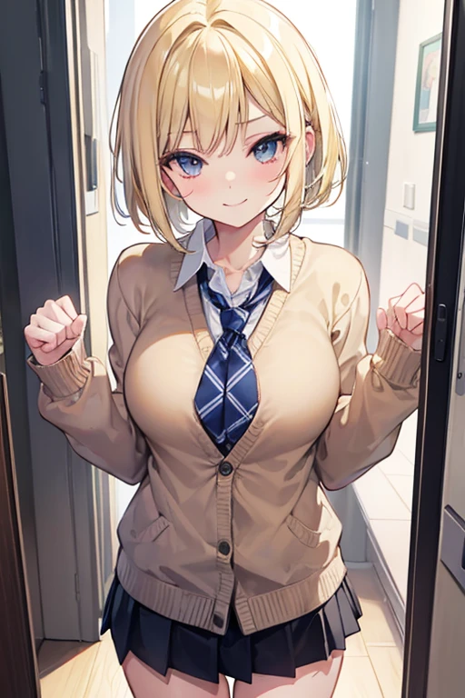 masterpiece blonde Bob high school girl small A twitching smile cardigan whole body Gal Detective thin Combat posture Clench your fist