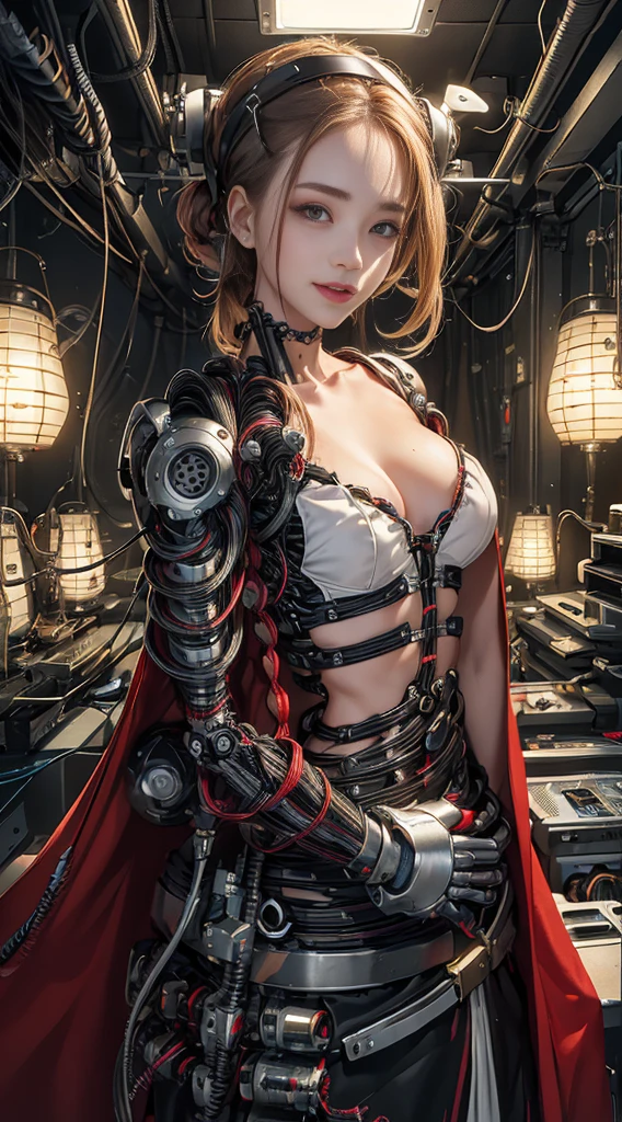 (((masterpiece)))、((Highest quality))、(Ultra-detailed)、Decadent,latex,(CG illustration)、(very cunning and beautiful))、Cinematic Light、((1. Mechanical Girl))、single、(Mechanical joints:1.4)、((Mechanical Limbs))、(Blood vessel attached to a tube)、((Mechanical spine attached to the back))、((Mechanical cervical spine attached to the neck)、((Back to viewers))、((Laughter)),(Wires and cables attached to head and body:1.5)、 sf、Apocalypse、Remains,Light-emitting cable