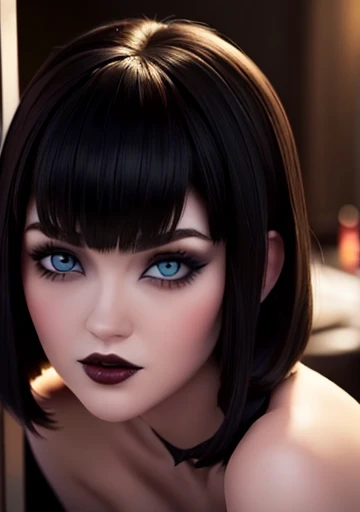 hotel_transylvania, mavis , Blue eyes , beautiful face, pale, short black hair with bangs, most striking features, gothic makeup, large round and heavy breasts, red lipstick, looking at the viewer stunning bare shoulders 