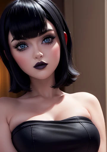 hotel_transylvania, mavis , Blue eyes , beautiful face, pale, short black hair with bangs, most striking features, gothic makeup, large round and heavy breasts, red lipstick, looking at the viewer stunning bare shoulders 