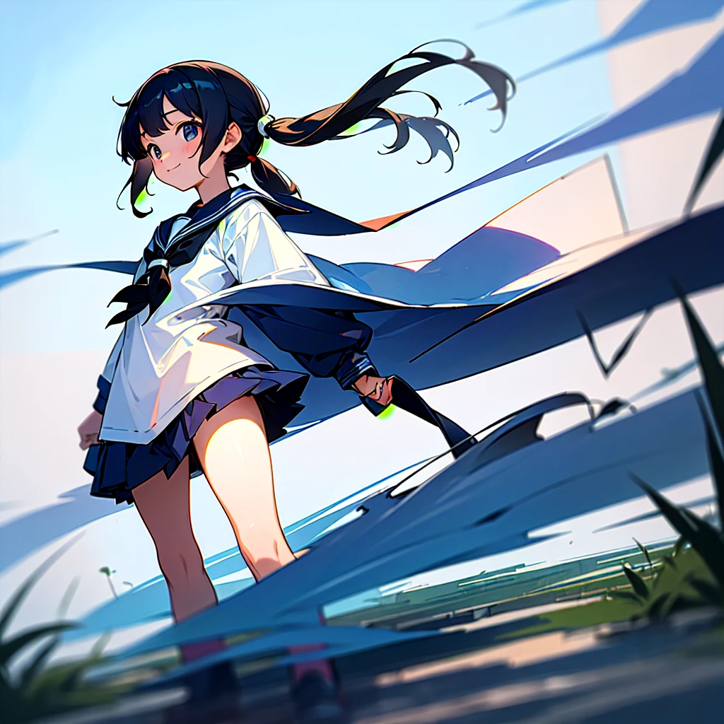 (best quality, masterpiece, high-resolution),
a girl, 15yo,
standing, 
low pigtails, (low twin tails:1.2), black hair,
navy blue , sailor uniform,
front,
gentle smile,
school building, a lot of students, outdoors