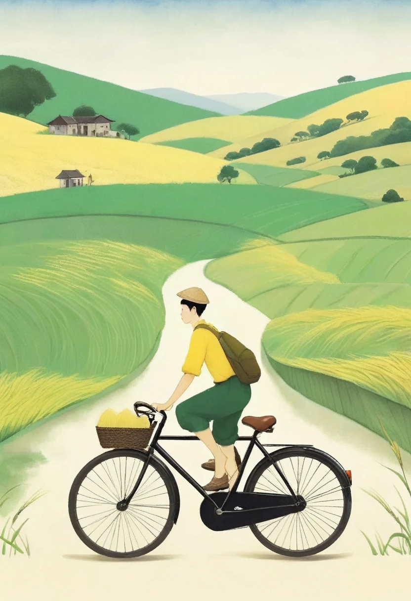 A beautiful illustration, Endless rice fields, half yellow half green, a boy riding a bicycle, Will Barnett (Will Barnet) modeling, Attached are 50D movie stills, Idyllic, Rural, panoramic,