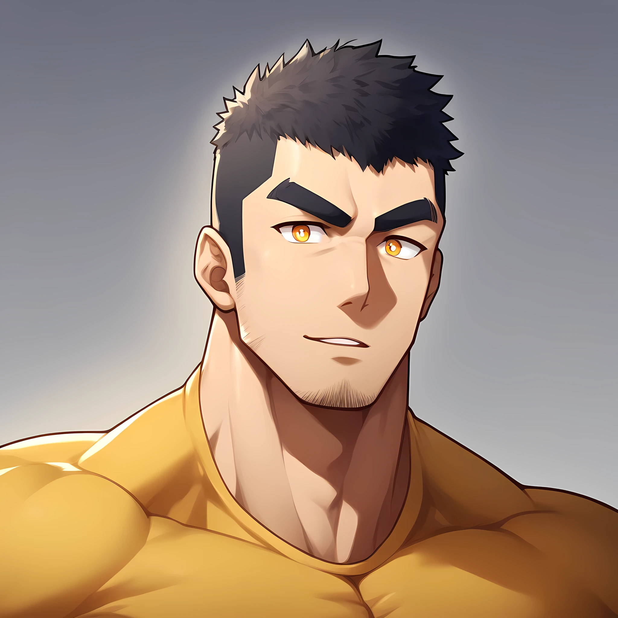 anime characters:Gyee, Muscle Sports Student, 1 muscular tough guy, Manliness, male focus, Light Yellow long sleeve tights, Very tight, The pectoral muscles are oversized, Slightly transparent, muscular male, muscular, only, Upper body, alone, Black short hair, Thick eyebrows, stubble, Yellow eyes, Grey background, simple background, amazing quality, best aesthetics, Ridiculous, bright pupils, crew cut, parted lips, seductive smile, torogao, naughty face, drop shadow, best quality