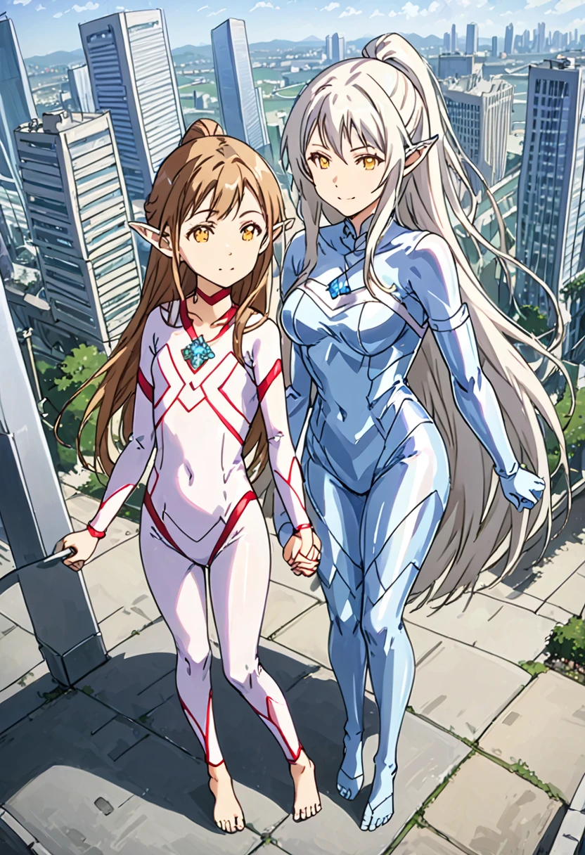 2girls, multiple girls, Two female characters,(mother and daughter:1.3), height difference, anime style, 4k quality, masterpiece, best quality, sword art online, "asuna is mother has height 150cm, long hair, white hair, very long hair, high ponytail, pointy ears, elf, ear covers, medium breasts ","yui is daughter has height 120cm, long hair, white hair, very long hair, high ponytail, pointy ears, elf, flat chest", barefoot, collarbone, ultrawoman, ultragirl, bodysuit, shiny suit, tight suit, colored skin, glowing eyes, yellow eyes, giantess, giant, metallic face, metallic skin, shiny skin, chrome skin, gem on chest, colour timer on chest, chest jewel, blue jewel, muscular, thick_thighs, holding hands, full body, smile, closed mouth, standing, giantess, outdoor, city, citycape, skyscraper