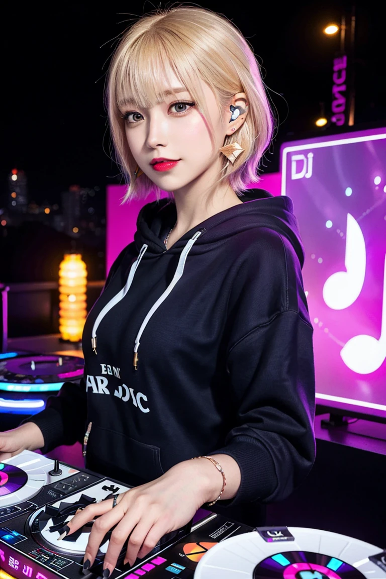 Highest quality, Tabletop, Ultra-high resolution, (Realistic:1.4), (Japanese Idols),RAW Photos, One Girl, night,Detailed skin,nightclub,Disco,(blonde:1.2), Glossy Lips,smile,21 years old,Beautiful and beautiful eyes,eye shadow,Diamond jewellery,Earrings,Gold Jewelry,(hoodie:1.3),,(Shoulder strengthening:1.2),A well-trained body,(Pixie Cut),Round face,(playing music as a DJ:1.5), (DJ:1.2) Vibrant performances (Music Festival:1.2) and (Lively crowd:1.1) and (Colorful stage lights:1.1),Medium breast