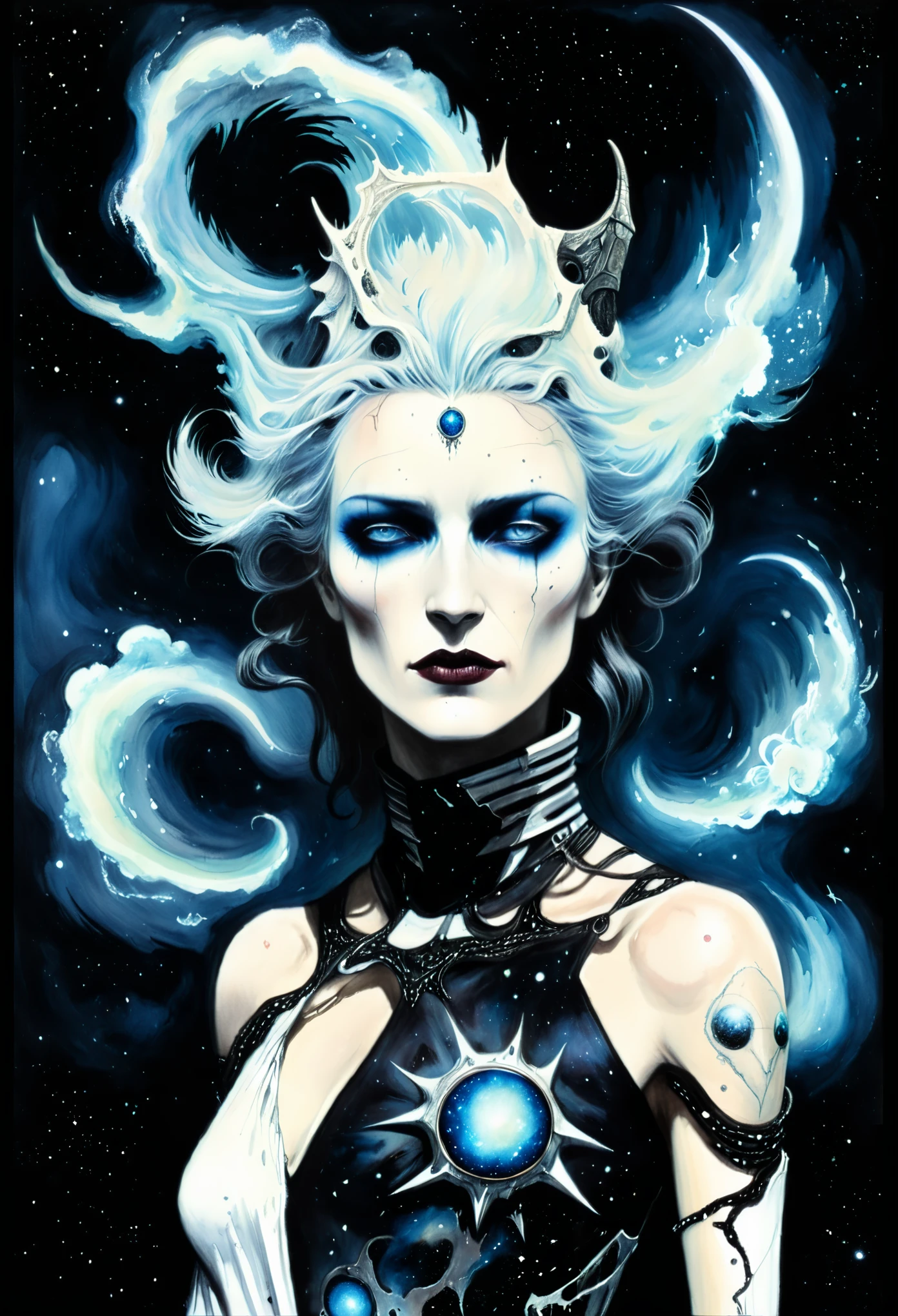 in style of Santiago Caruso,in style of Raymond Pettibon,female, character concept design, half body,Fantasy art, galaxies