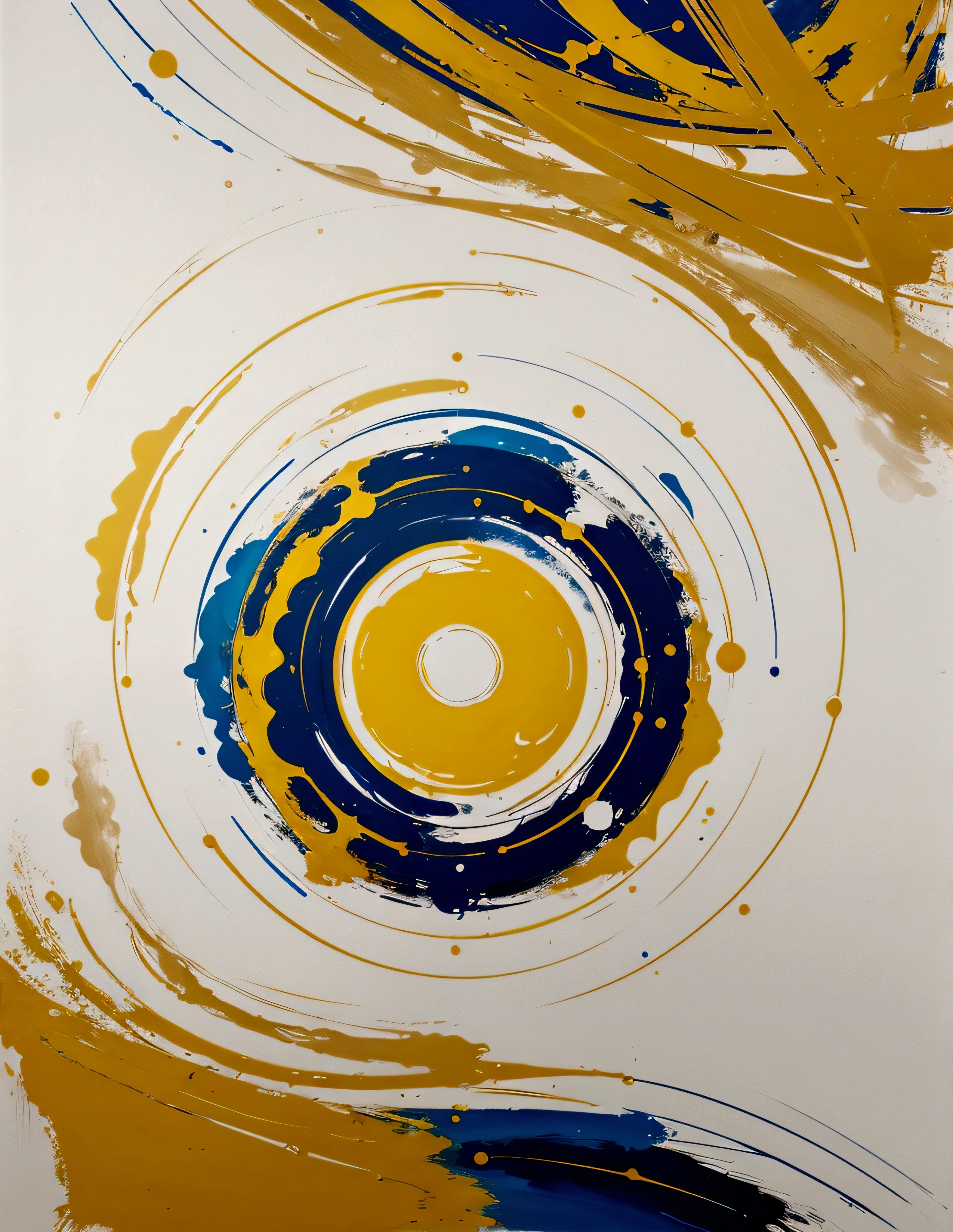 modern abstract painting, Golden, blue,yellow, Round asymmetrical abstract graphics, harmonious colors, major, high quality, Brushstrokes, balanced composition