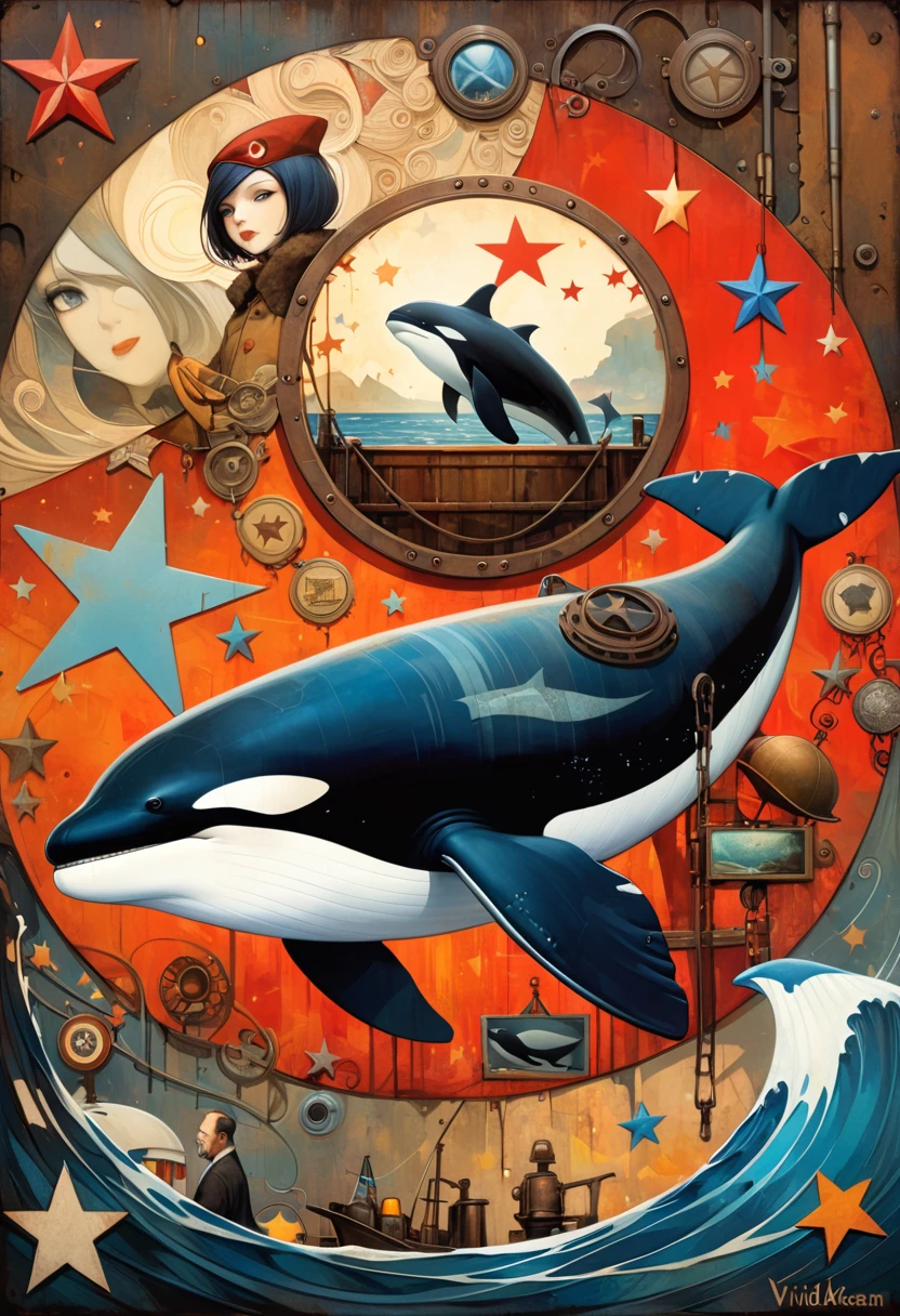 simple decorative rusty metal sign with a drawing of an 1killer whale and a 1communist star, artwork inspired by Dave McKean, vivid colors, intricate details, oil painting.
