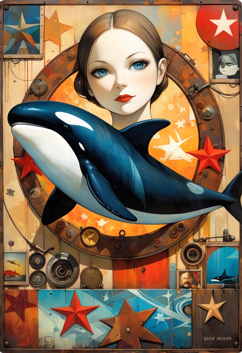 simple decorative rusty metal sign with a drawing of an 1killer whale and a 1communist star, artwork inspired by Dave McKean, vivid colors, intricate details, oil painting.

