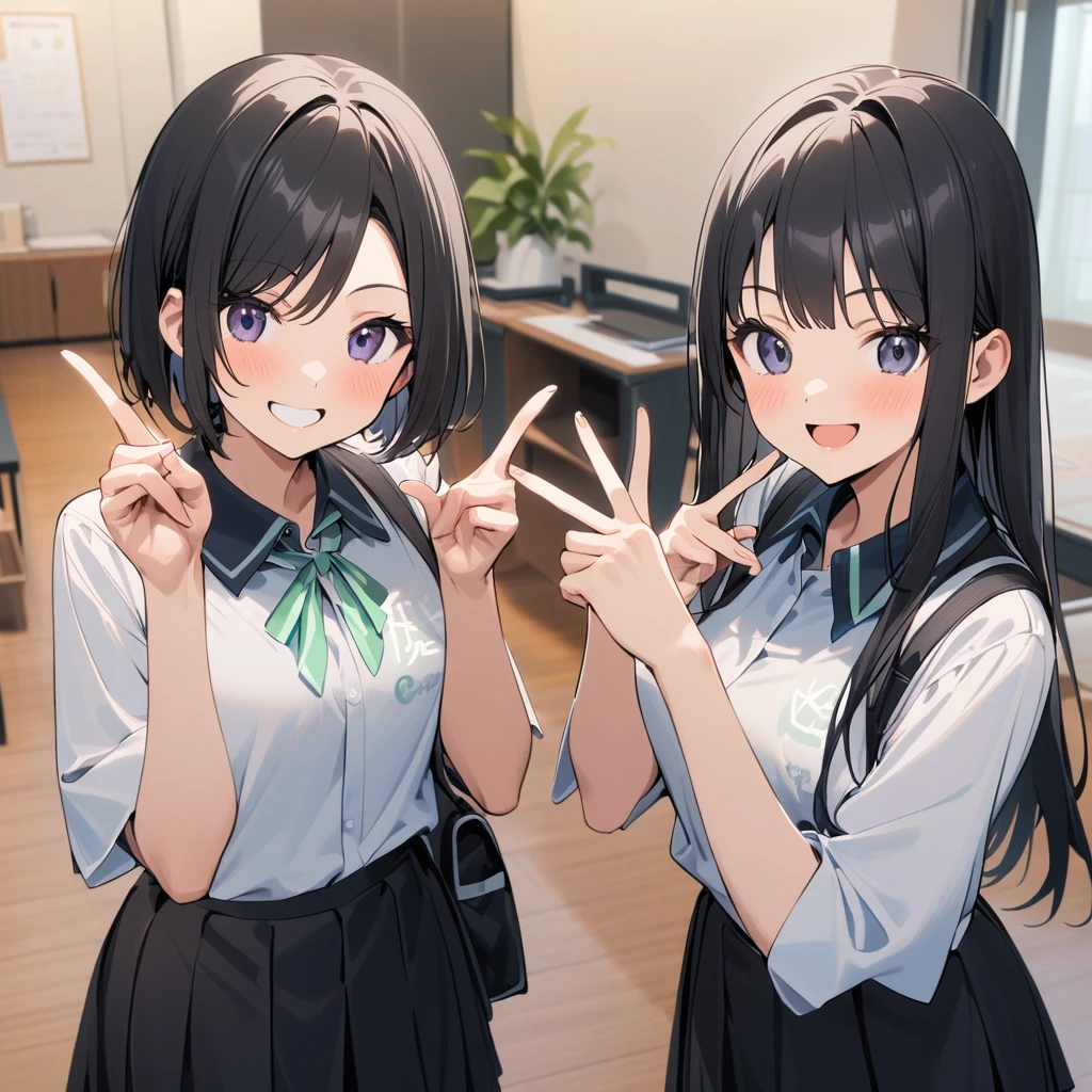 A confident smile, Making a peace sign,two students demonstrating a gesture commonly associated with a peace sign while speaking by tele食事, skirt, Black Hair, indoor, smartphone, shirt, ((((complete fiでe fingers))))