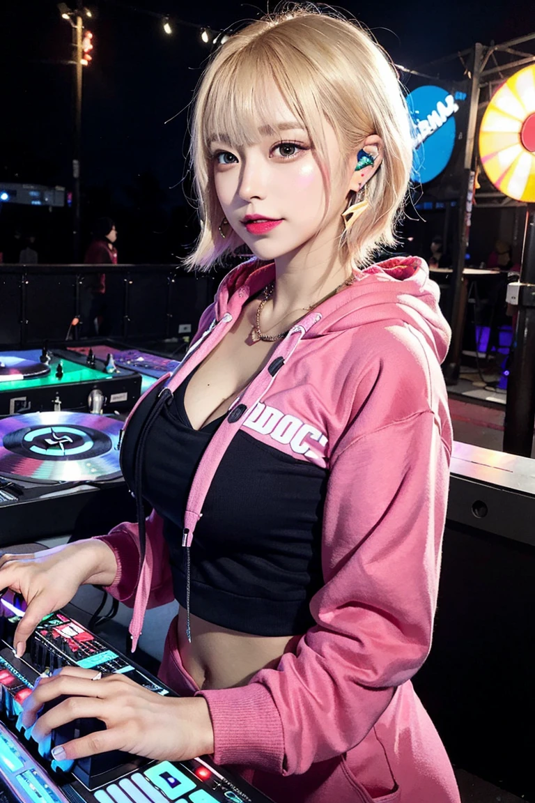 Highest quality, Tabletop, Ultra-high resolution, (Realistic:1.4), (Japanese Idols),RAW Photos, One Girl, night,Detailed skin,nightclub,Disco,(blonde:1.2), Glossy Lips,smile,21 years old,Beautiful and beautiful eyes,eye shadow,Diamond jewellery,Earrings,Gold Jewelry,(hoodie:1.3),,(Shoulder strengthening:1.2),A well-trained body,(Pixie Cut),Round face,(playing music as a DJ:1.5),  (DJ:1.2) Vibrant performances (Music Festival:1.2) and (Lively crowd:1.1) and (Colorful stage lights:1.1),Cleavage、Medium breast