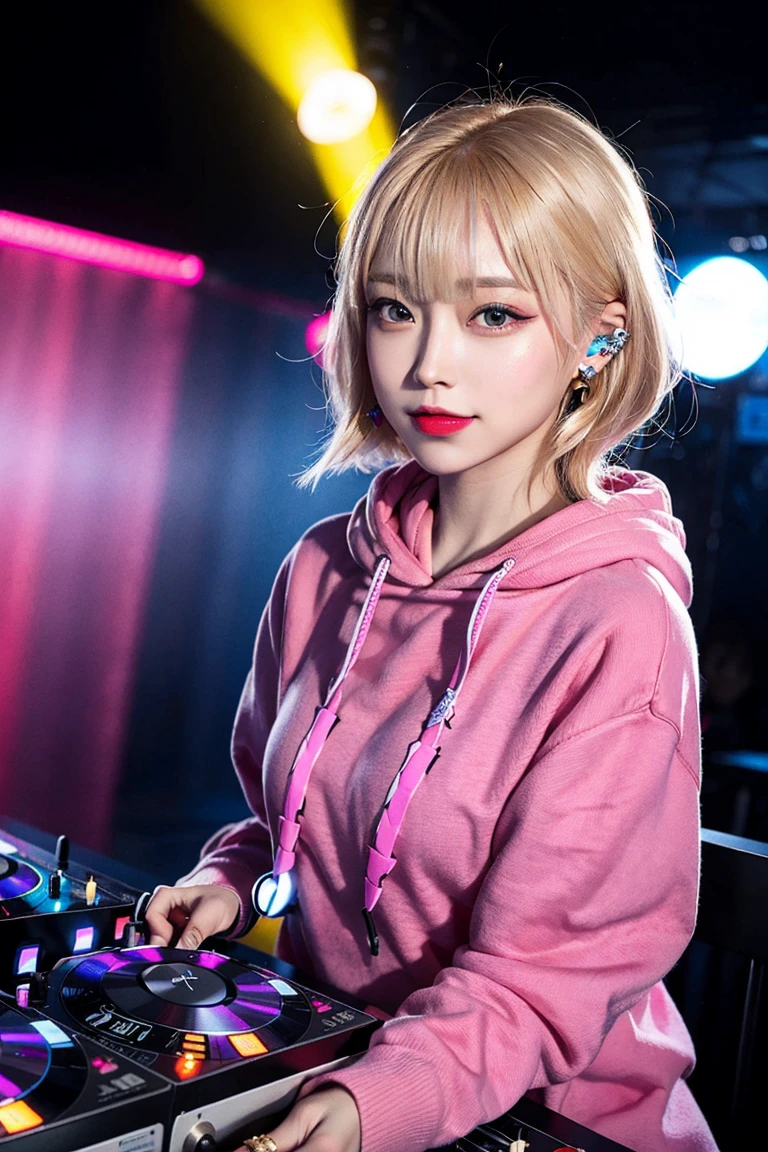 Highest quality, Tabletop, Ultra-high resolution, (Realistic:1.4), (Japanese Idols),RAW Photos, One Girl, night,Detailed skin,nightclub,Disco,(blonde:1.2), Glossy Lips,smile,21 years old,Beautiful and beautiful eyes,eye shadow,Diamond jewellery,Earrings,Gold Jewelry,(hoodie:1.3),,(Shoulder strengthening:1.2),A well-trained body,(Pixie Cut),Round face,(playing music as a DJ:1.5), (DJ:1.2) Vibrant performances (Music Festival:1.2) and (Lively crowd:1.1) and (Colorful stage lights:1.1),Cleavage、Medium breast