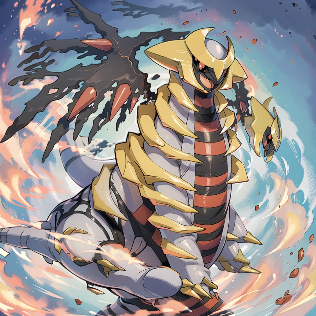 ((masterpiece,best quality)), absurdres, Giratina, no humans, solo,  red crescent moon, red theme, red glow,  animal focus, black sclera, black wings, claws, colored sclera, colored skin, creatures (company), game freak, gen 4 pokemon, giratina, giratina (altered), grey skin, legendary pokemon, nintendo, no humans, open mouth, pokemon, pokemon (creature),  rearing, red eyes, spikes, tail, vergolophus, wings