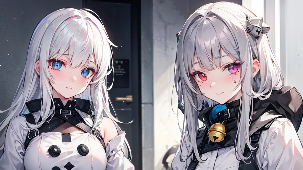 Gray Hair, Mole under the eye, Mismatched sclera, Heterochromia iridis, blush, shy, Laughter, Bell, Ray Tracing, God's Rays, Backlight, Shining Light, Anime Style