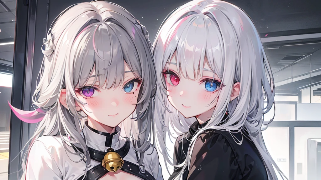 Gray Hair, Mole under the eye, Mismatched sclera, Heterochromia iridis, blush, shy, Laughter, Bell, Ray Tracing, God's Rays, Backlight, Shining Light, Anime Style