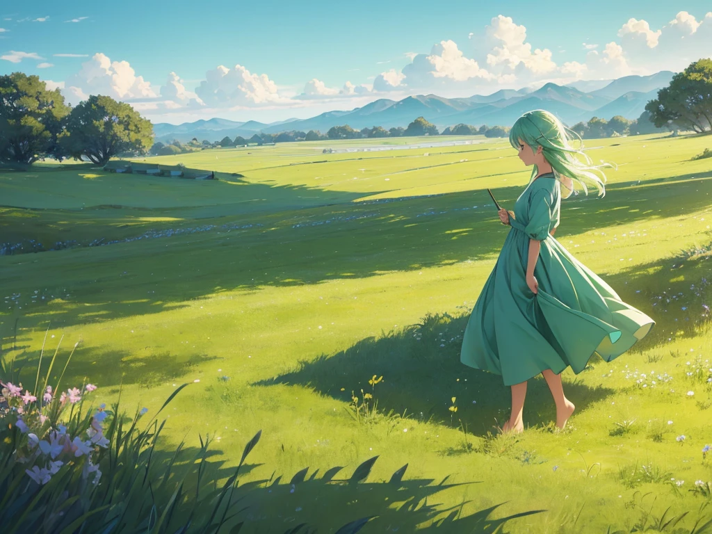 On the grassland that stretches into the distance1People Girls Walking.Clear eyes gazing into the distance, soft cheeks and lips、Wear a liberating emerald dress.Barefoot and empty-handed, she just walks.Walking absentmindedly, blending into the grassland.Soon she will be a princess.The hem of her dress is long、From the perfect one piece々Blending into the grass of the prairie.
break、Pastel mint-colored grasslands continue、The wind sways the grass like ocean waves..The pastel mint colors of the grassland are vibrant and soft..
Pencil drawing style.
