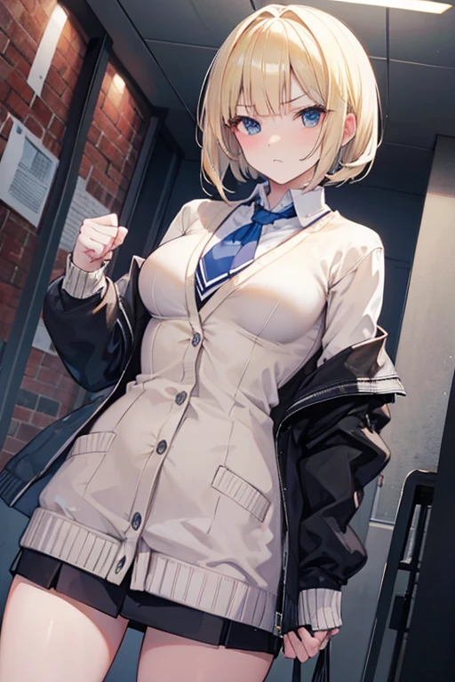 masterpiece blonde Bob high school girl small Big Breasts Serious face cardigan whole body Gal Detective thin Combat posture Hold your fists in front of you