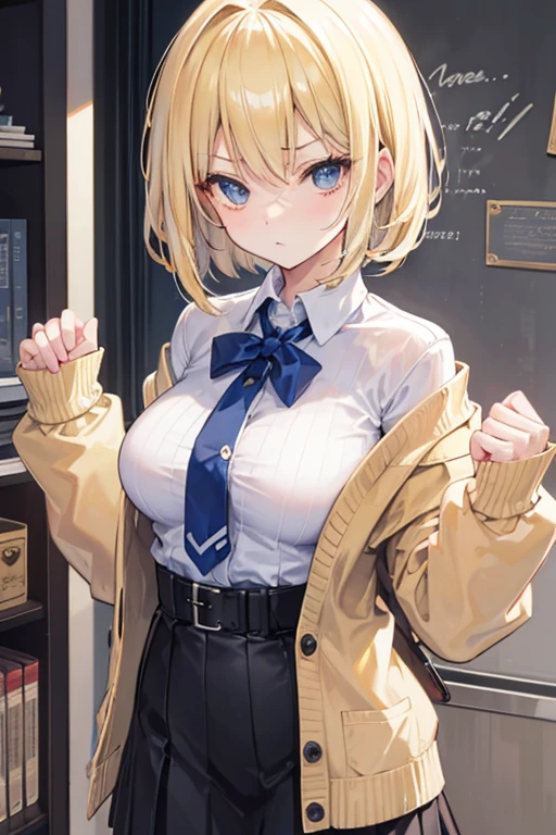 masterpiece　blonde　Bob　high school girl　small　Big Breasts　Serious face　cardigan　whole body　Gal Detective　thin　Combat posture　Hold your fists in front of you