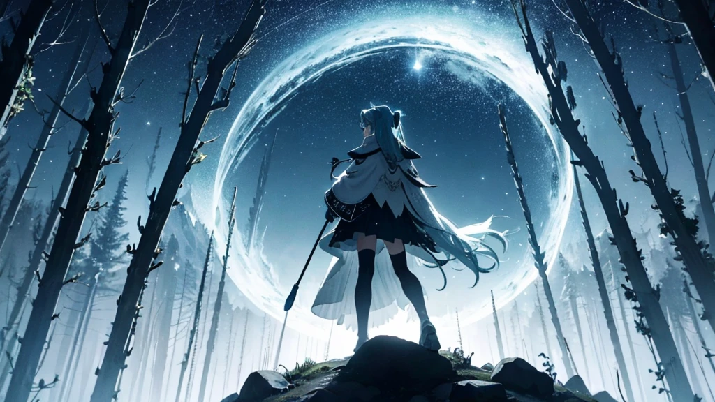 Set against the backdrop of an adventurous fantasy world、This is an image of Hatsune Miku walking through a dark forest.。She wears a mysterious cloak、In his hand he holds a glowing wand。The surroundings are shrouded in fog、In the distance you can see the silhouette of an ancient castle。The sky is a starry night、The moon casts a magical light over the forest.。