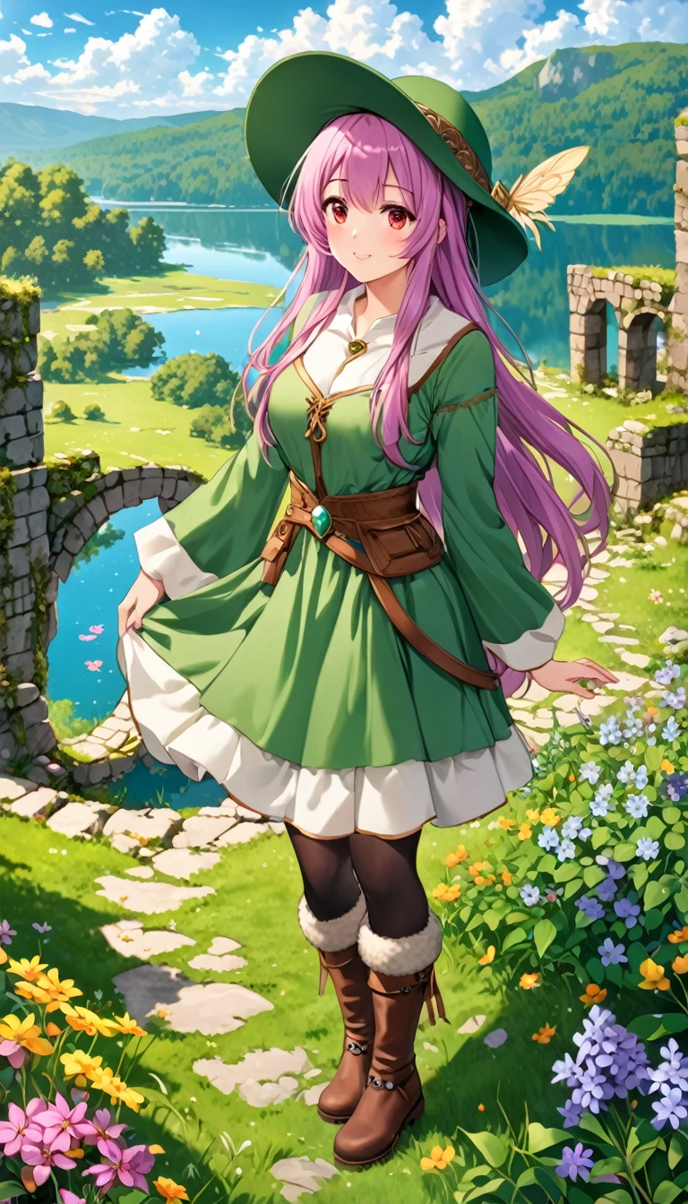 best quality, (masterpiece:1.2), illustration, absurd,  (1 Girl, Solitary), (Beautiful and delicate girl),, Aeolia, Lilac hair, Long hair, Red Eyes, Medium breasts,, hapiness的, hapiness,, Green Hat, Hat with feather decoration, Green Dress, Green coat, (fantasy:1.1) (middle Ages:1.1) Full set of clothing, (Black_Pantyhose:1.1), White shirt, Brown shorts, fleece lined boots, Brown boots,, Enchanted Forest, Flowers, Fairy Rings, Ancient ruins, stone ruins, lake, Sky, cloud